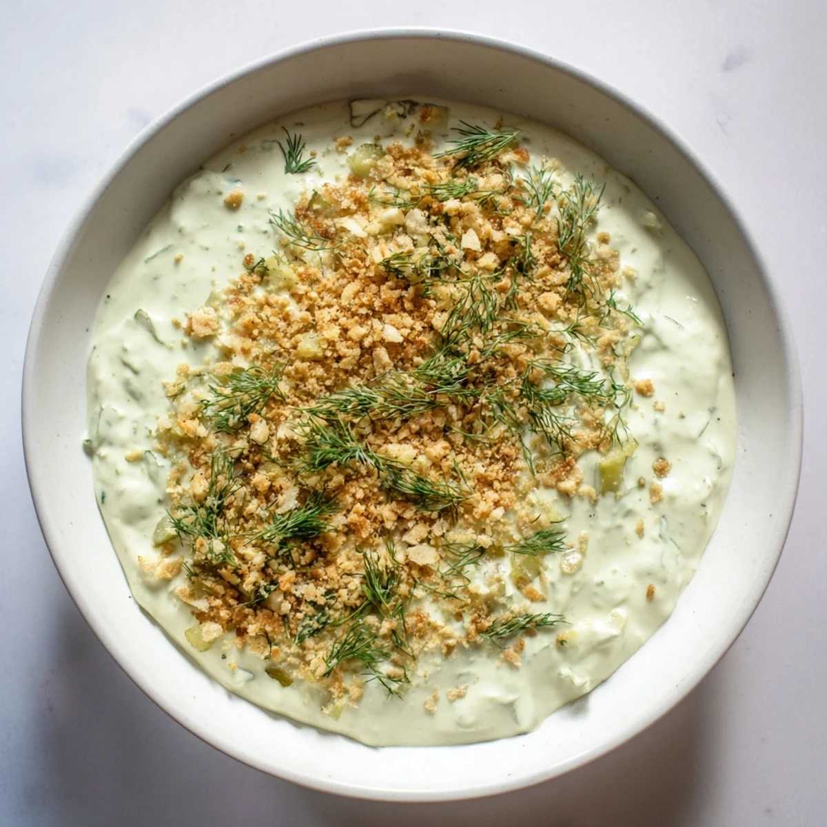 A bowl of cool, flavorful Fried Pickle Dip with visible pickle pieces and fresh dill.