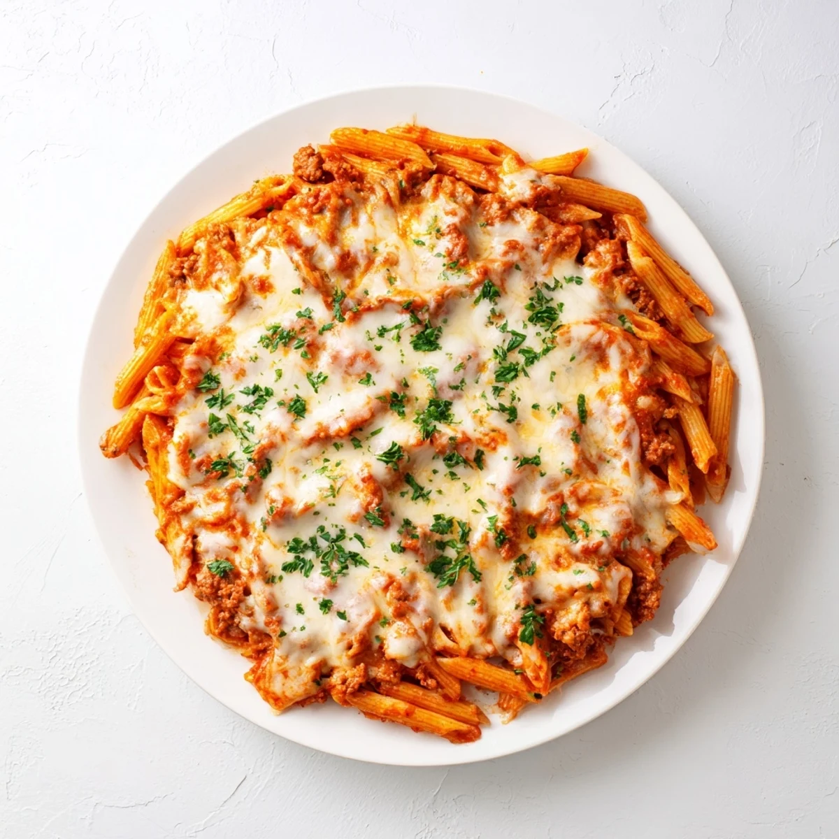 Melted mozzarella tops a golden Budget Sausage and Cheese Pasta Bake, ready for serving tonight.