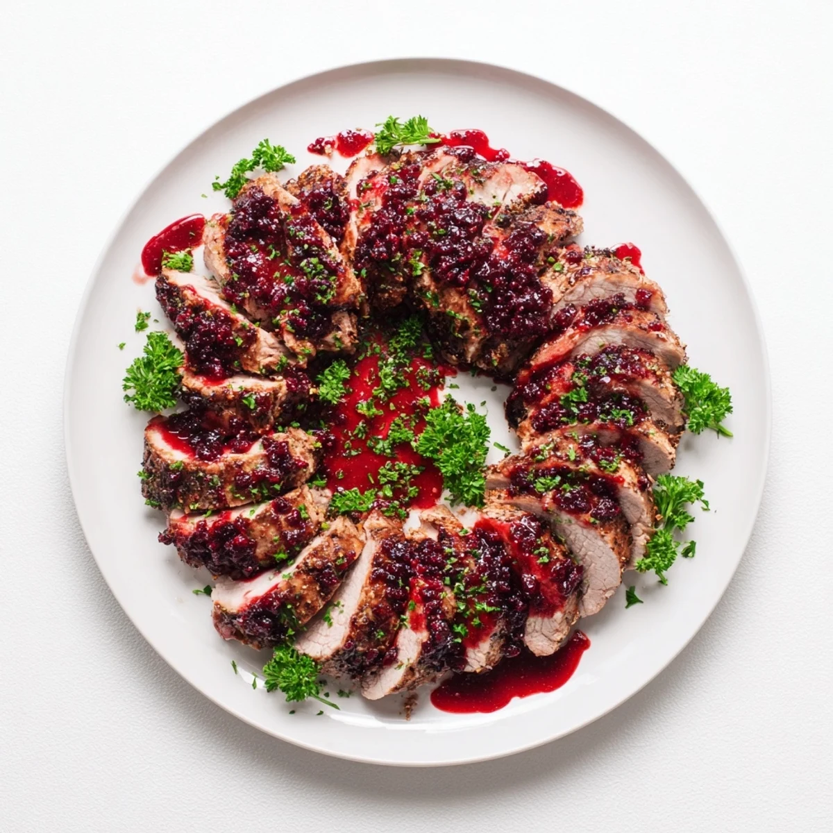 Savory slices of tart cherry date glazed pork tenderloin glistens after being roasted and glazed.