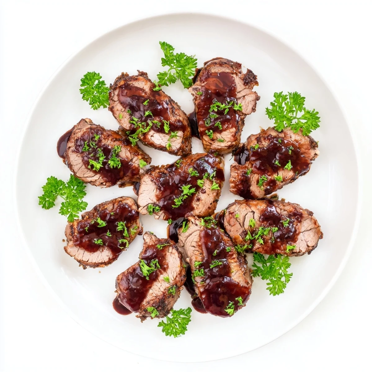 A juicy cross-section reveals tender tart cherry date glazed pork tenderloin, ready to serve with extra glaze.