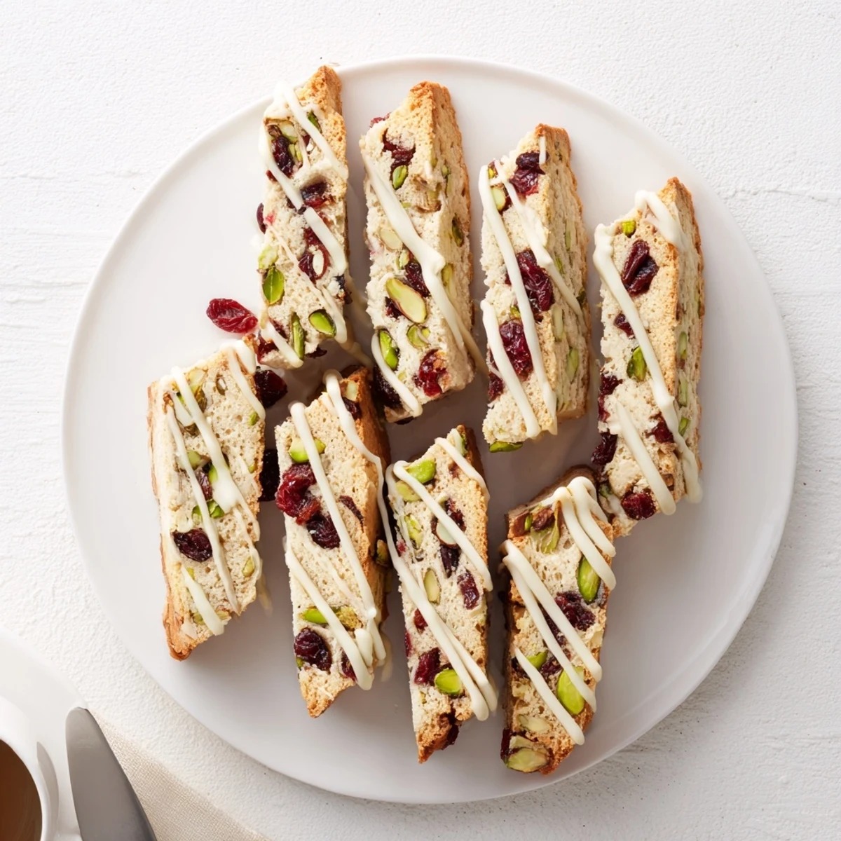 Golden brown White Chocolate Cranberry Pistachio Biscotti, drizzled with white chocolate, perfect for dessert with coffee.