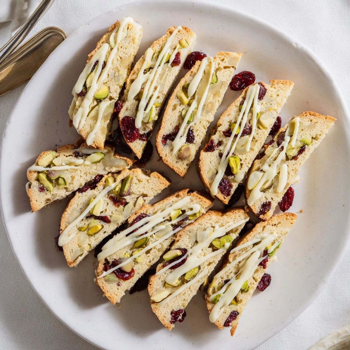 Crunchy White Chocolate Cranberry Pistachio Biscotti showing the texture and delicious ingredients, ready for a holiday treat.