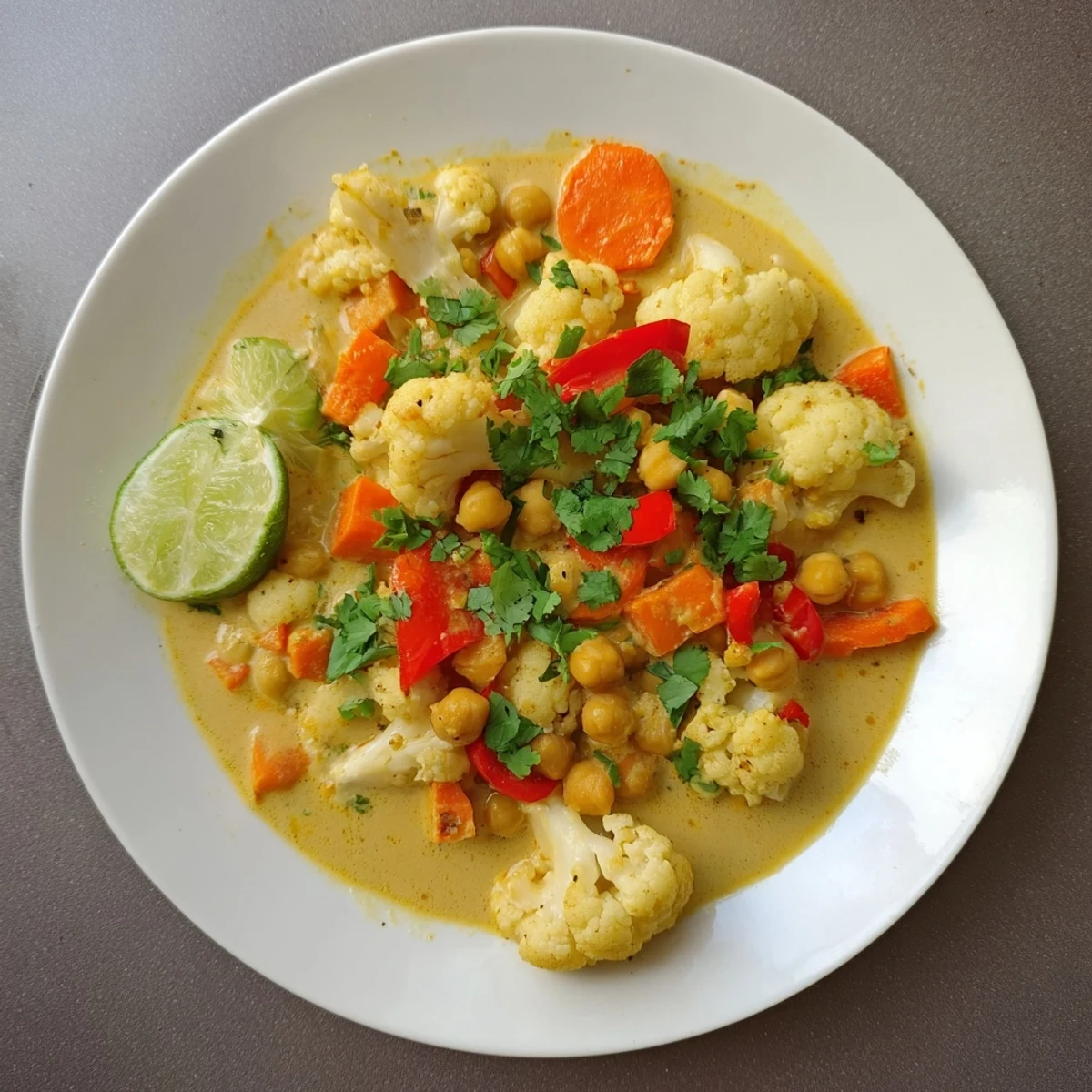 Steaming curried cauliflower and chickpea coconut stew, garnished with fresh cilantro and lime wedges.