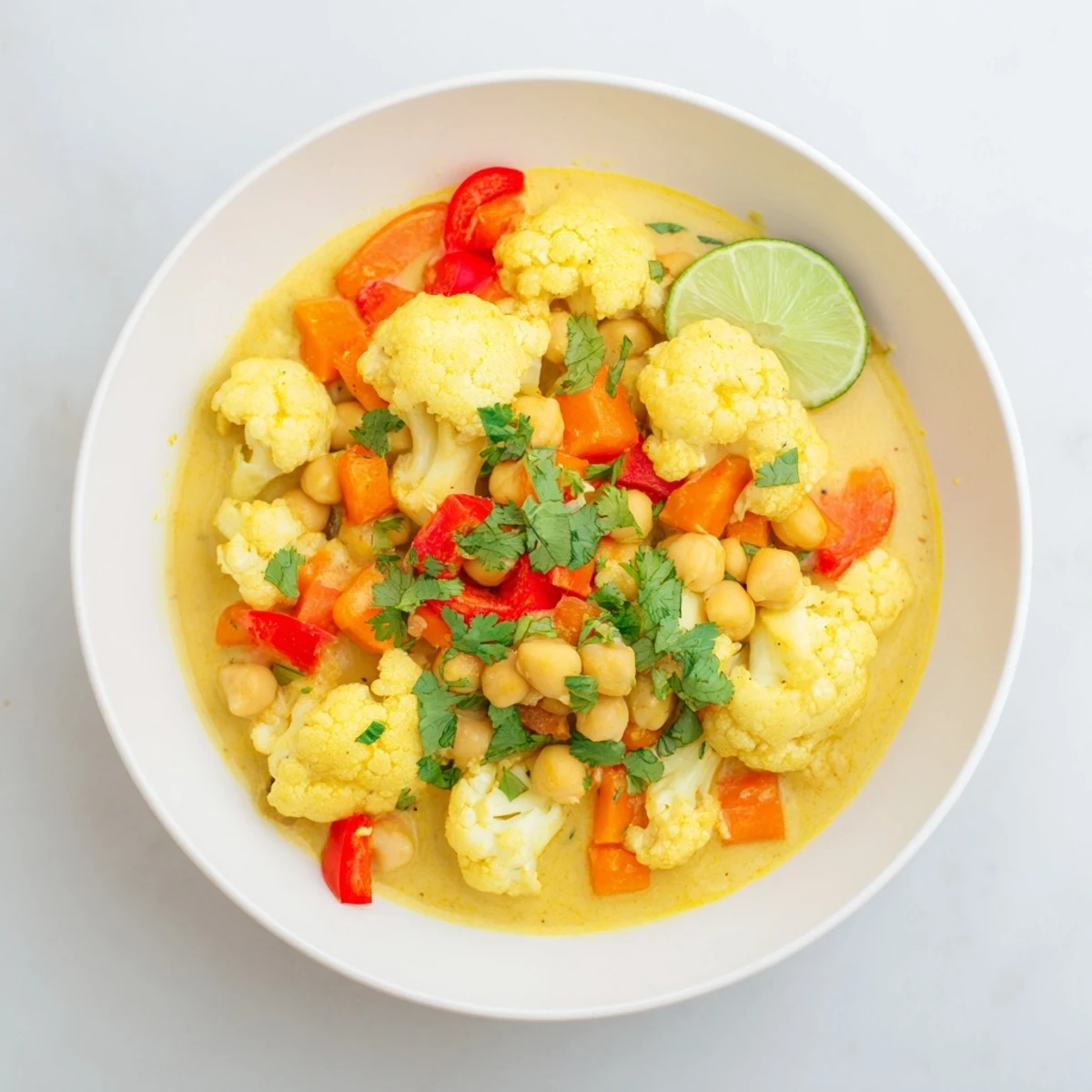 A vibrant bowl of curried cauliflower and chickpea coconut stew, a hearty vegan delight.