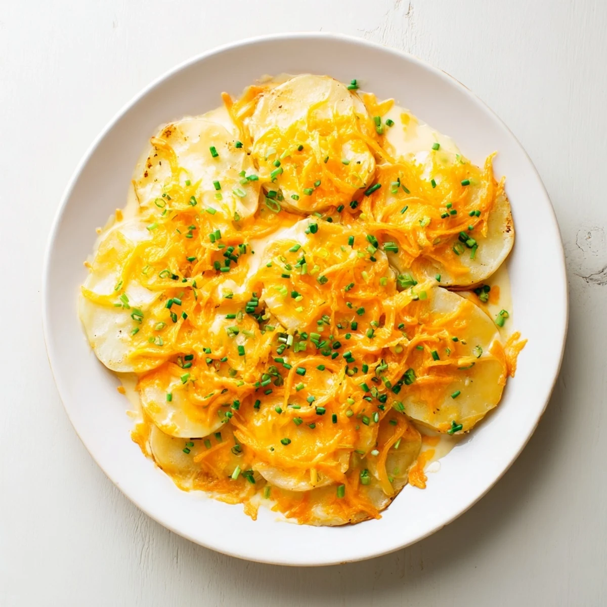 A close-up of creamy cheesy scalloped potatoes, with melted cheese and tender potato layers.