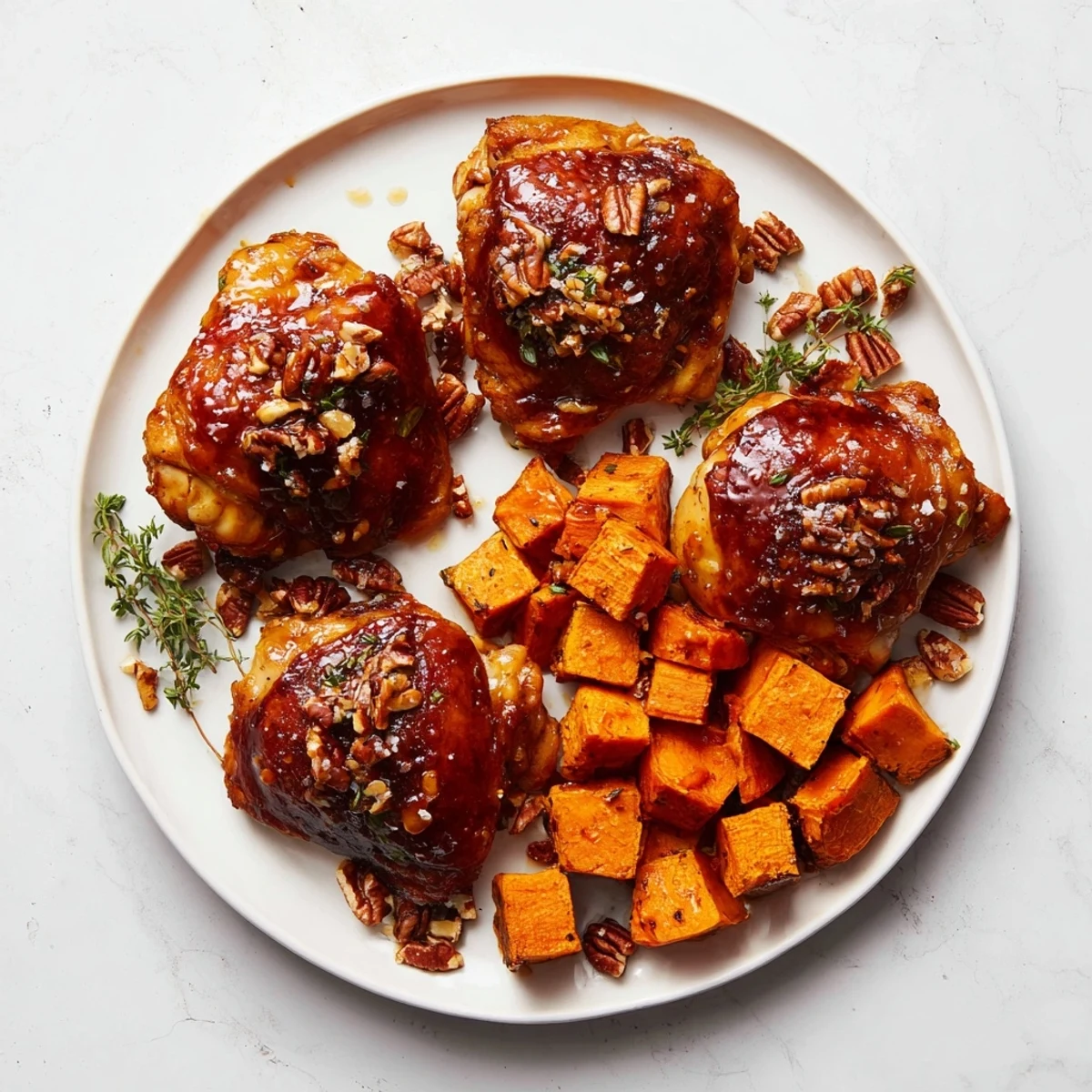 Golden, glistening maple glazed chicken alongside tender, caramelized sweet potatoes, perfect for a hearty dinner.
