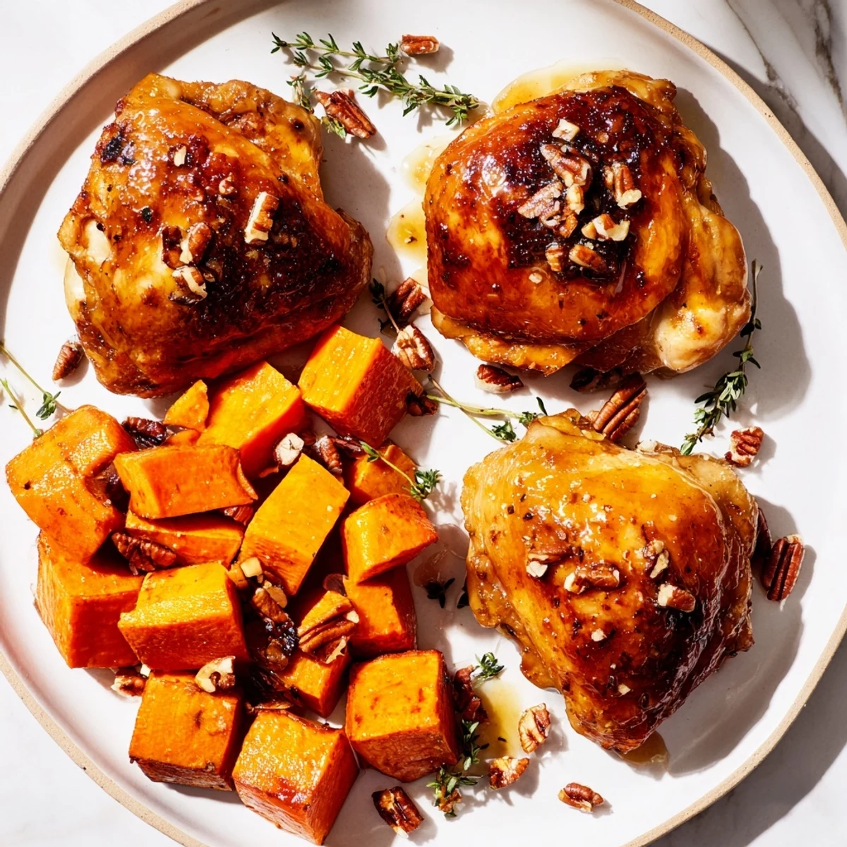 A close-up shot of pan-roasted maple glazed chicken, showcasing a rich glaze and vibrant sweet potatoes.