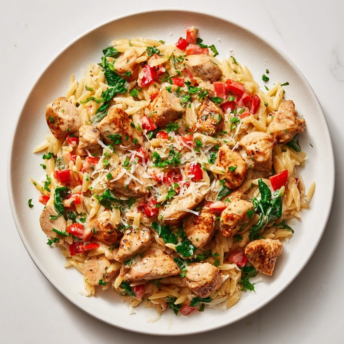 A steaming bowl of One-Pot Cajun Chicken Alfredo Orzo, topped with fresh parsley and Parmesan cheese.