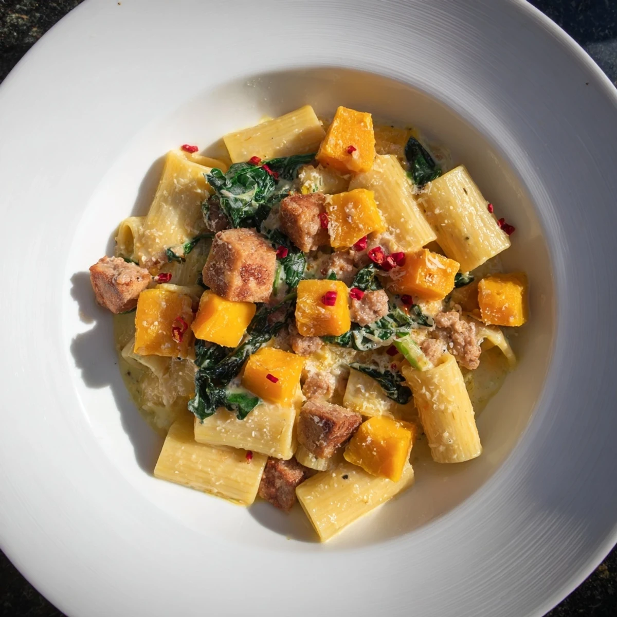 Close-up of Creamy Rigatoni, a comforting bowl of pasta with creamy sauce and vegetables.