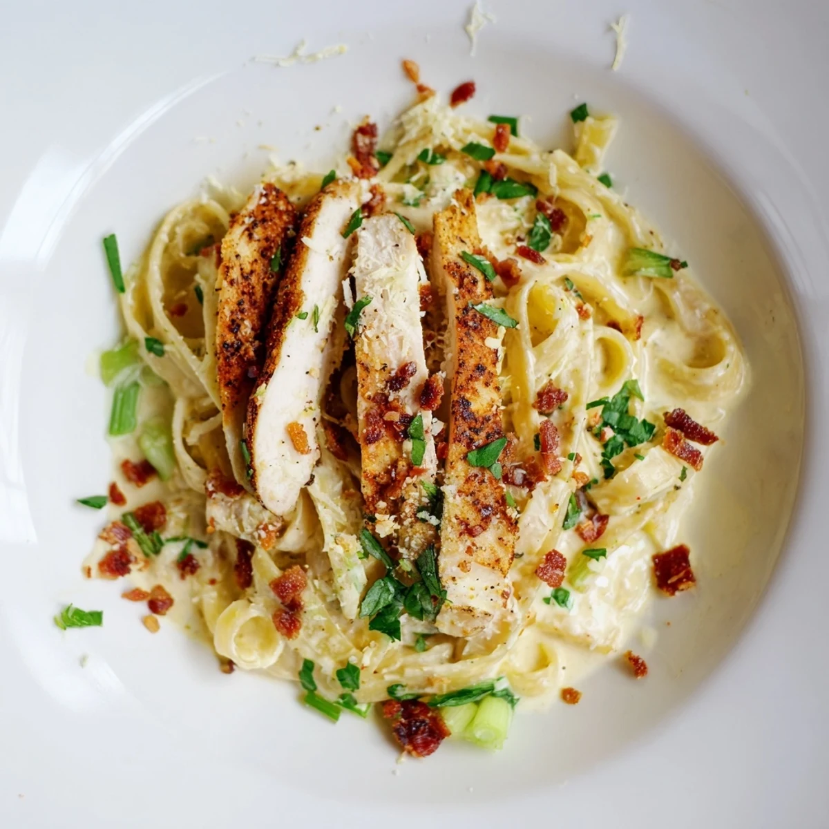 Golden-brown Southern Style Creamy Parmesan Chicken Pasta, a comforting bowl of pasta topped with sliced chicken.
