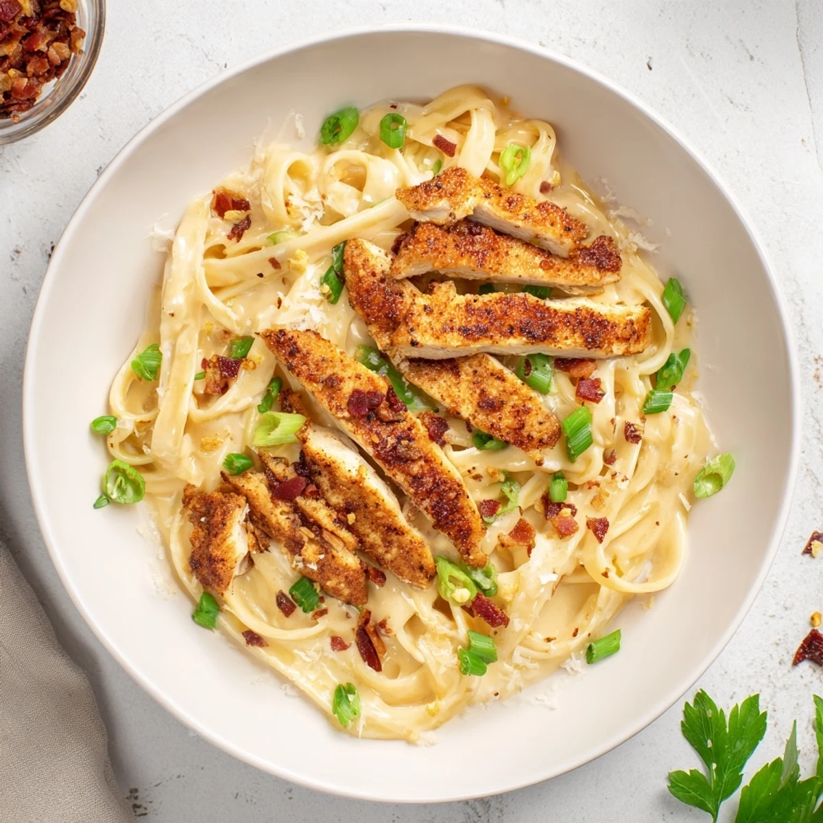 Silky Parmesan cream sauce coats pasta in this Southern Style Creamy Parmesan Chicken Pasta recipe, garnished with fresh herbs.