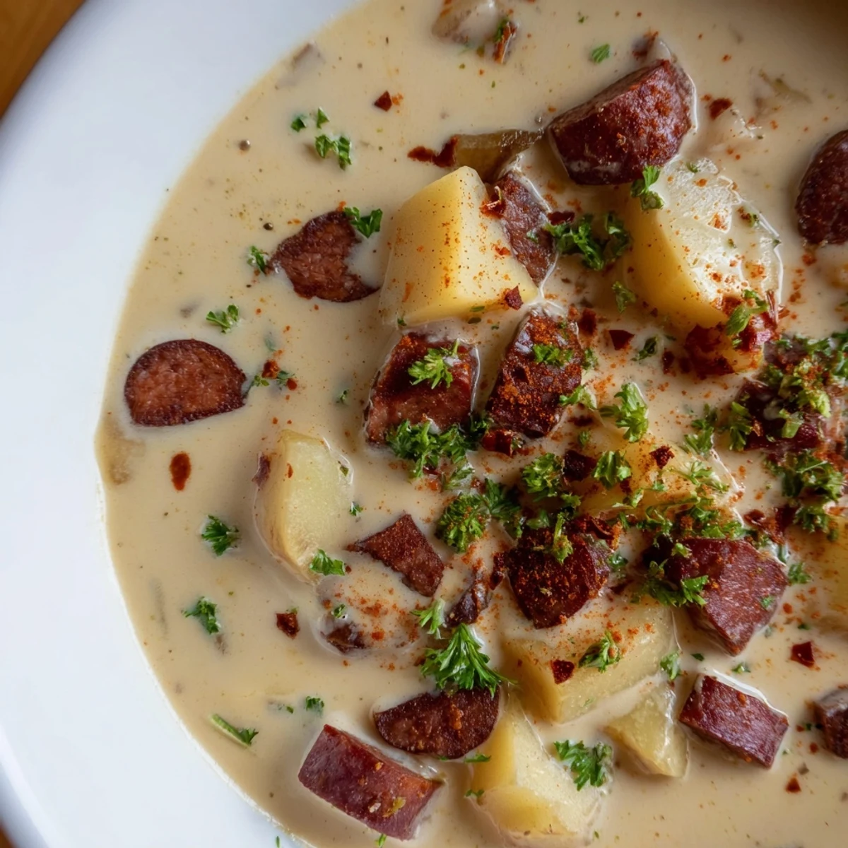 A steaming bowl of Creamy Chorizo Potato Soup, garnished with fresh parsley, looks unbelievably delicious.