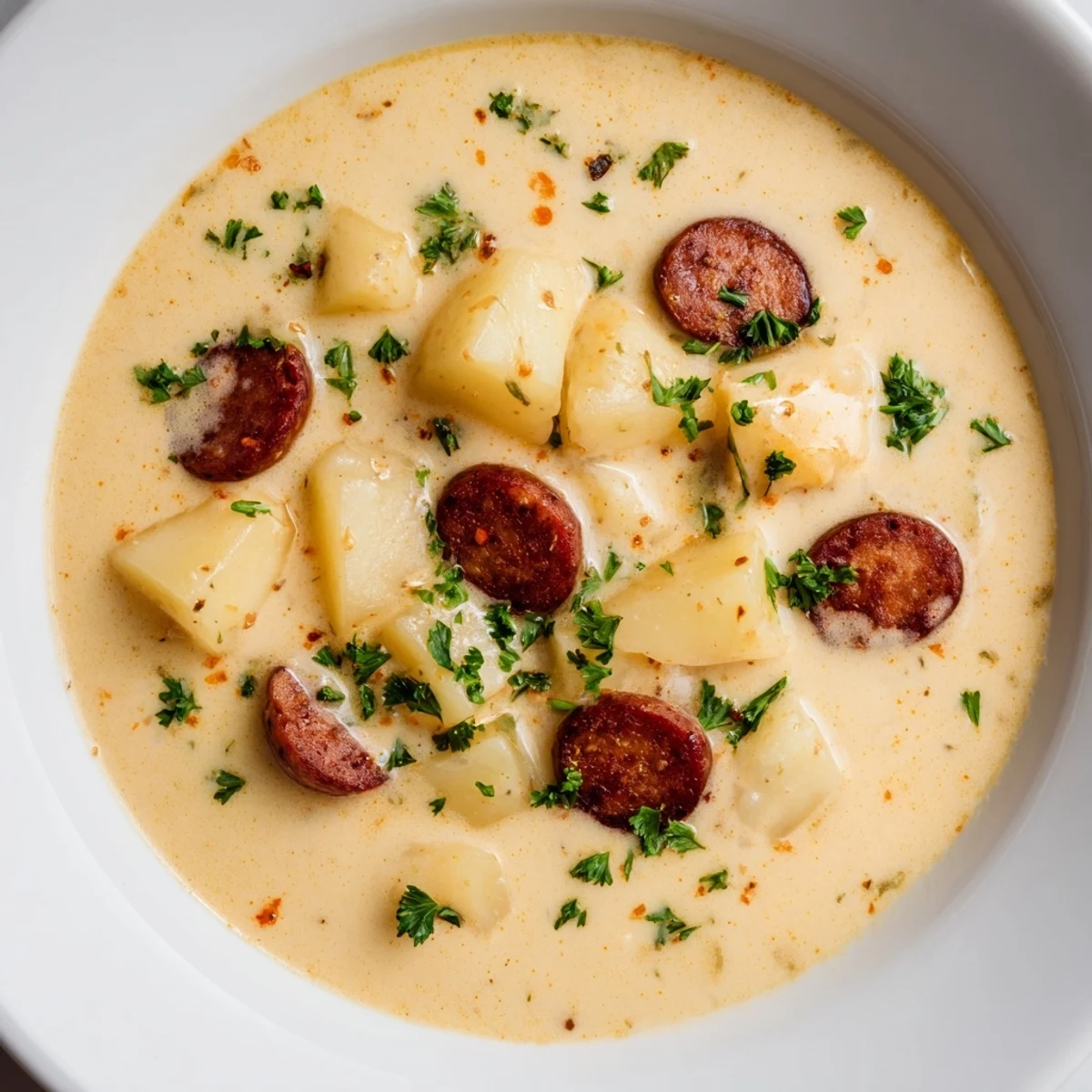 Thick and velvety, the finished Creamy Chorizo Potato Soup awaits its first spoonful of savory goodness.