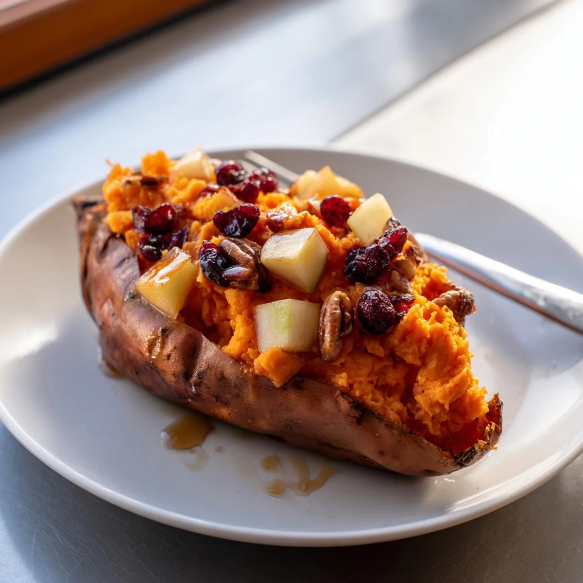 Close-up of fluffy Cranberry Apple Twice-Baked Sweet Potatoes, bursting with fall flavors and sweet maple drizzle.
