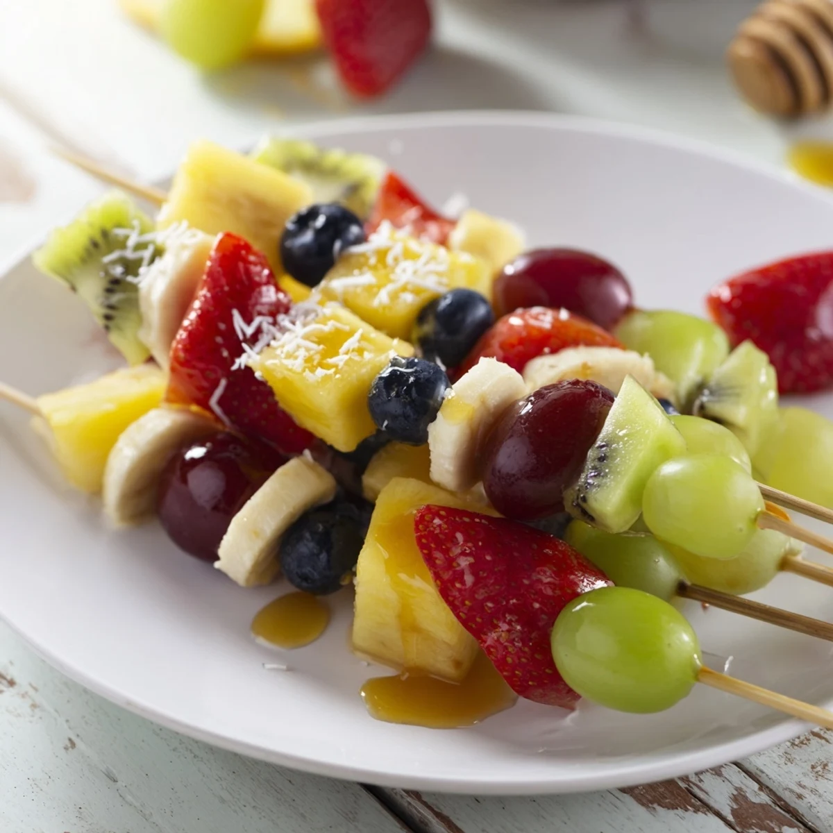Vibrant Easy Festive Fruit Kabobs, showcasing colorful fruit artfully arranged on skewers, ready to enjoy.