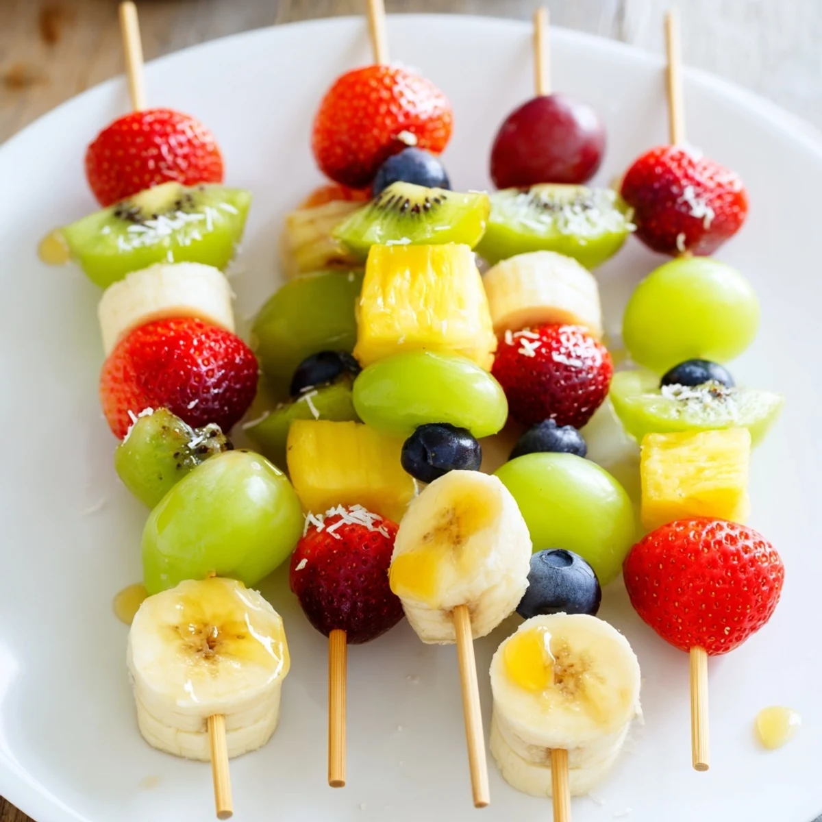 Sweet, juicy Easy Festive Fruit Kabobs, a delightful assortment of fresh fruit perfect for a summer picnic.