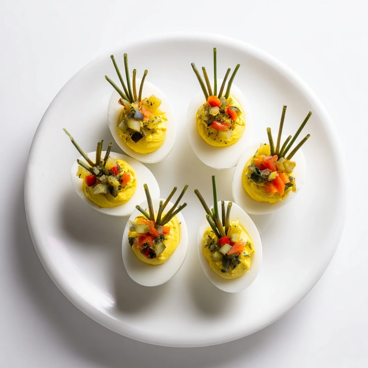 Festive deviled egg ornaments, bright and colorful, perfect for a holiday appetizer spread.