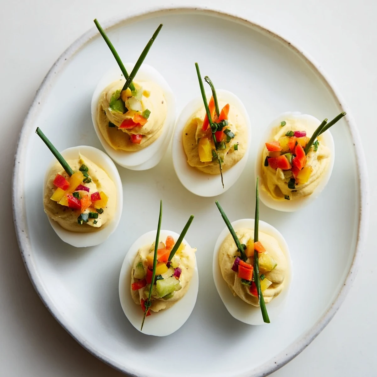 These easy festive deviled egg ornaments are garnished with colorful peppers, ready to eat.