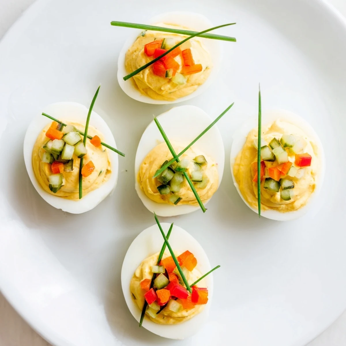 Beautifully decorated festive deviled egg ornaments, a delicious American appetizer, ready to serve and enjoy.