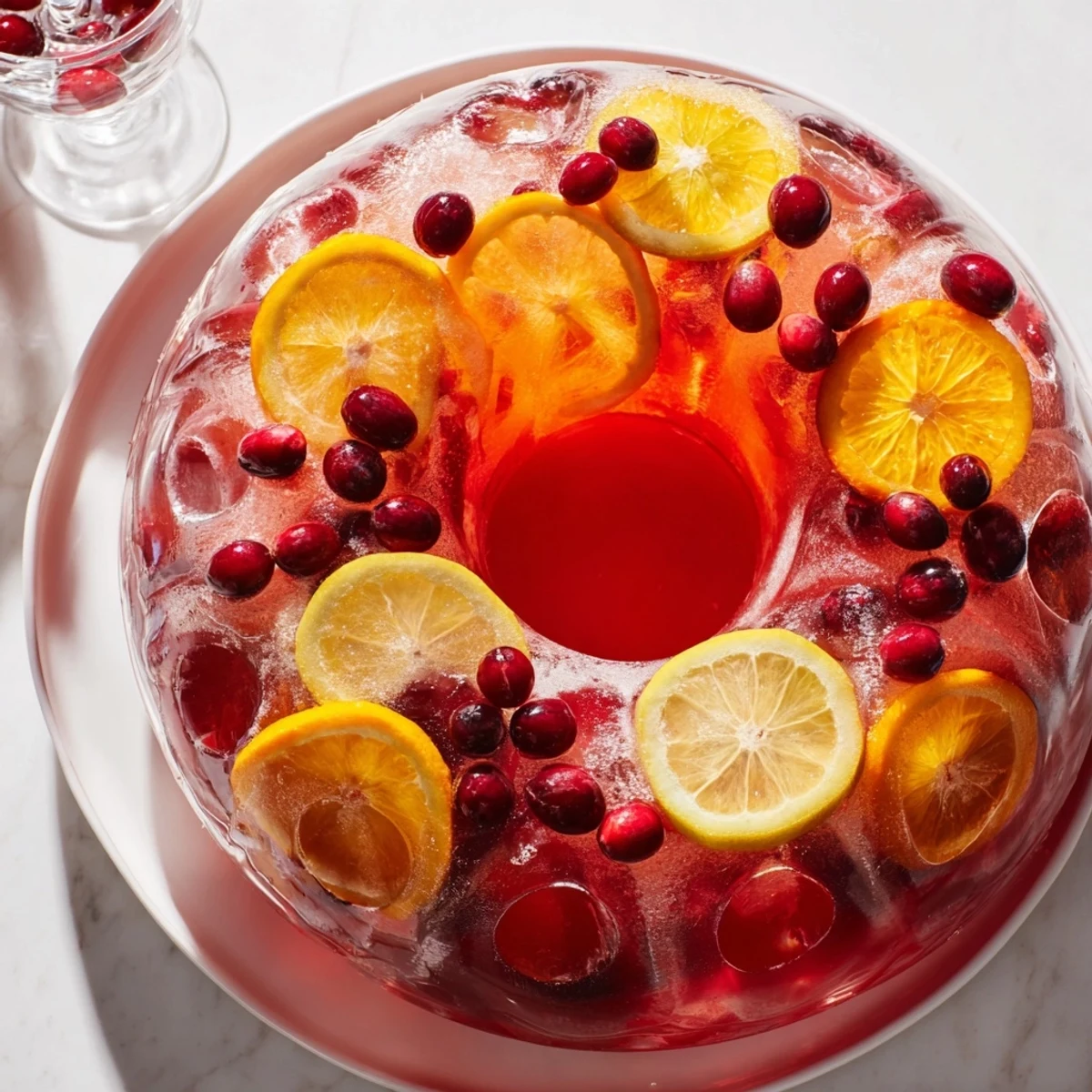 Quick Holiday Punch with ice ring, showing a bright, chilled punch bowl with a beautiful fruit-filled ice ring.