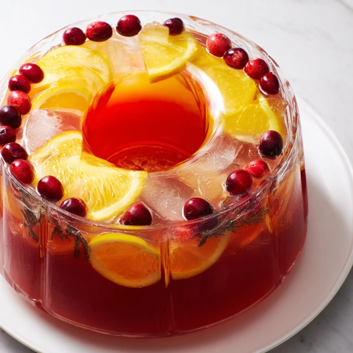 Vibrant Quick Holiday Punch with ice ring, a refreshing holiday drink with floating citrus and berries.