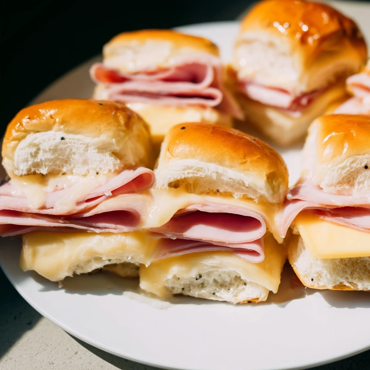 Budget-Friendly Ham & Cheese Sliders: Golden, bubbly cheese with savory ham filling the soft slider buns.