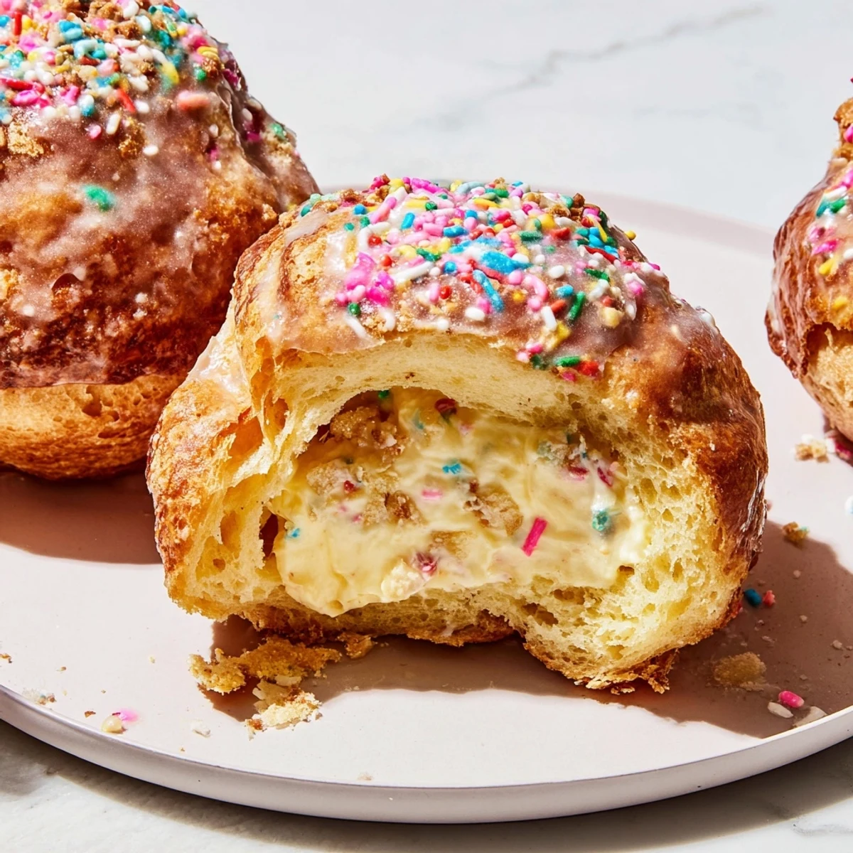 Quick Christmas Biscuit Bombs displayed: golden-brown spheres, glazed and sprinkled, perfect for a festive treat.