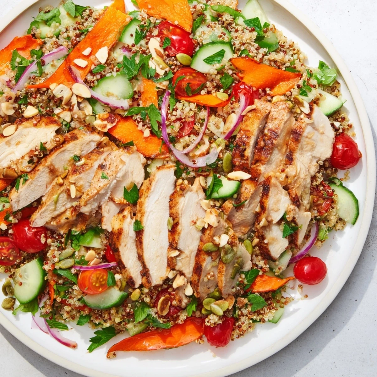 This Crunchy Quinoa Chicken Salad features tender chicken over fluffy quinoa, ready to eat and enjoy.