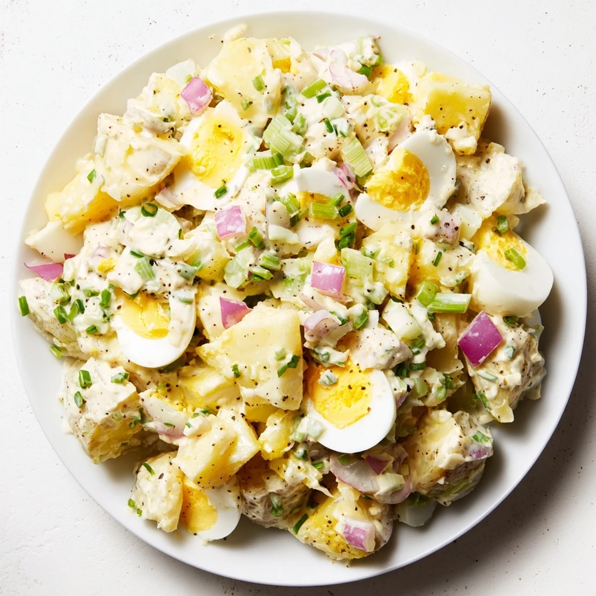 A vibrant, creamy Chopped Egg and Potato Salad, studded with red onion and herbs, ready to serve.
