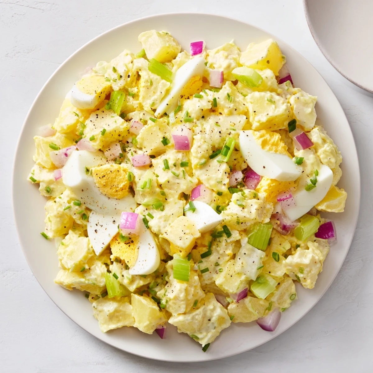 Enjoy a spoonful of flavorful Chopped Egg and Potato Salad, a comforting dish with fresh dill and creamy dressing.