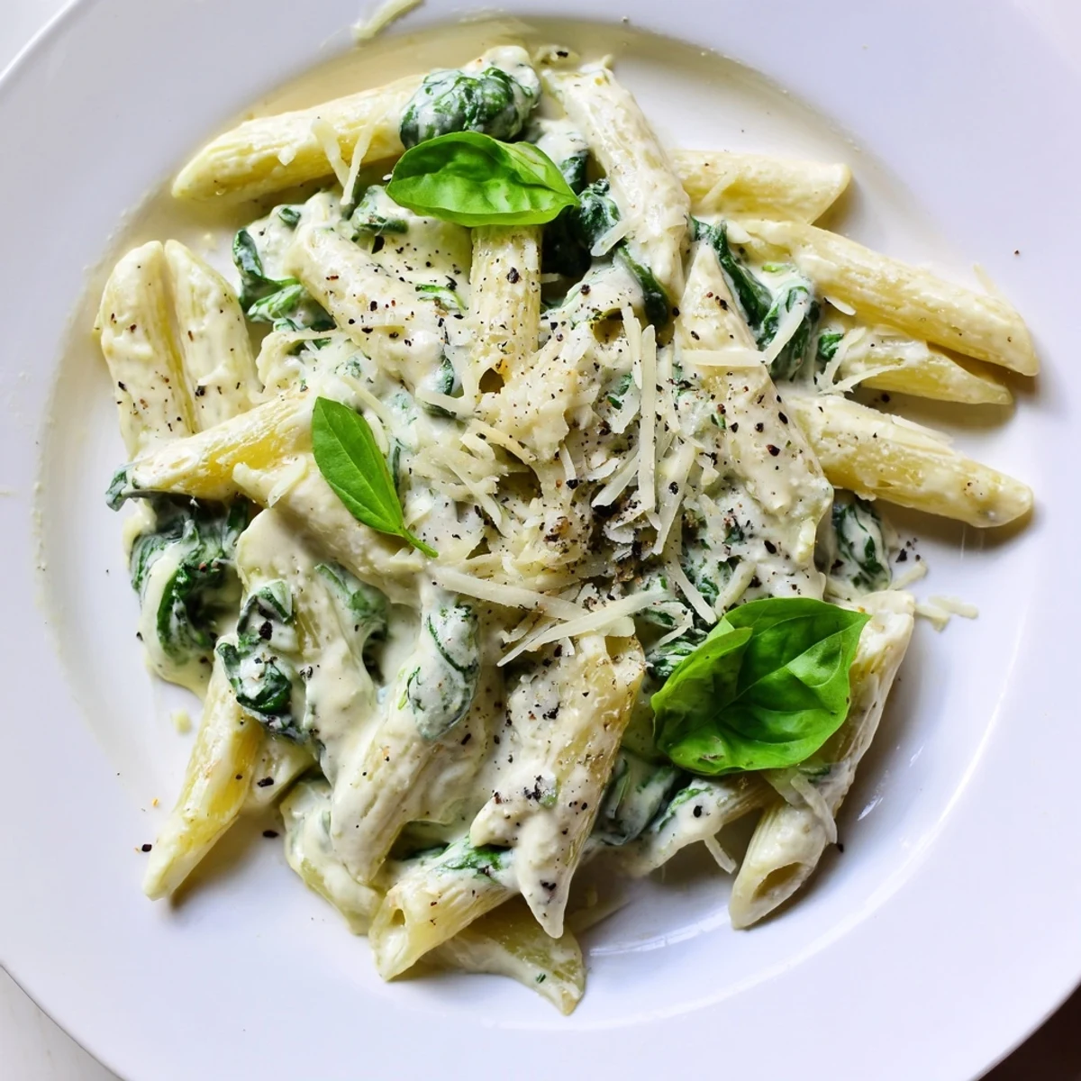 A close-up of a bowl of Cottage Cheese Creamy Spinach Pasta, fragrant and ready to eat.
