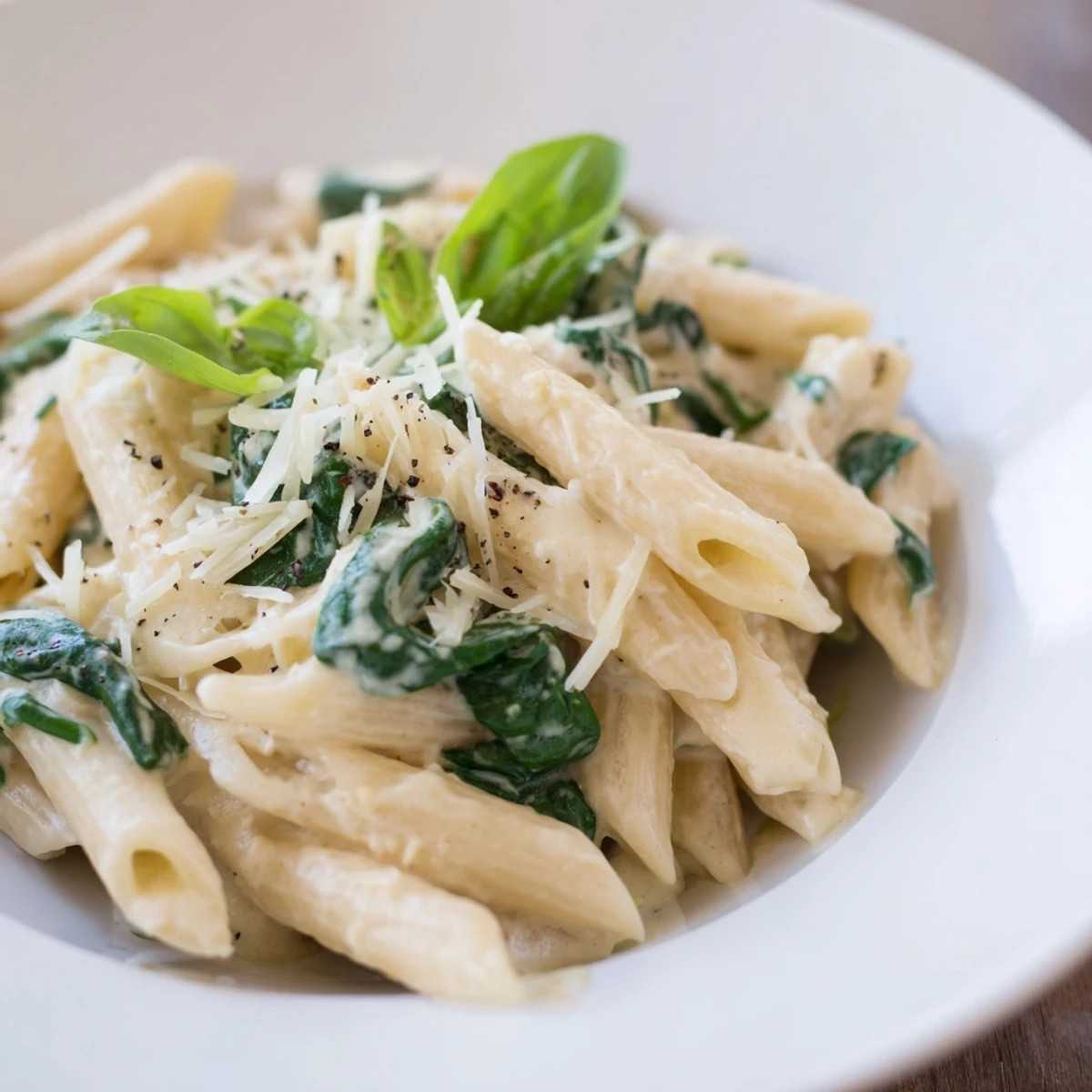 Tossed penne coated in a vibrant, creamy Cottage Cheese Spinach Pasta sauce with fresh basil.