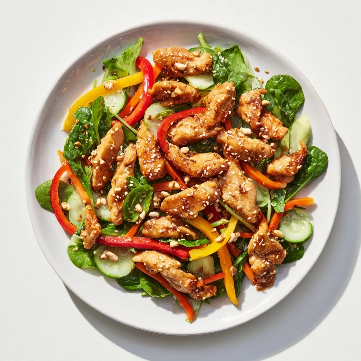 High-Protein Chicken Stir-Fry Salad Bowl with colorful vegetables, perfect for a healthy dinner.