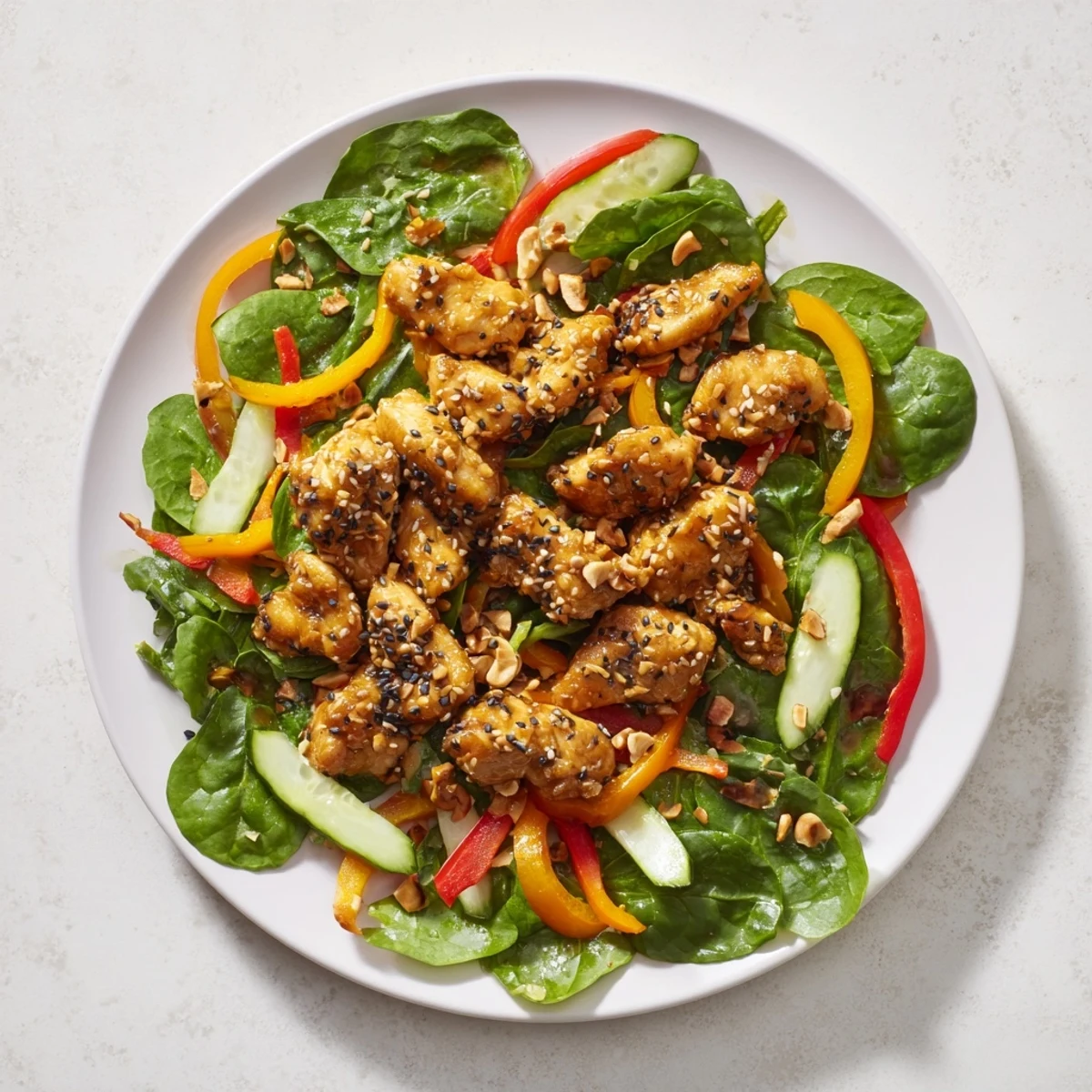 Fresh High-Protein Chicken Stir-Fry Salad Bowl, showing tender chicken and a vibrant sesame-ginger dressing.
