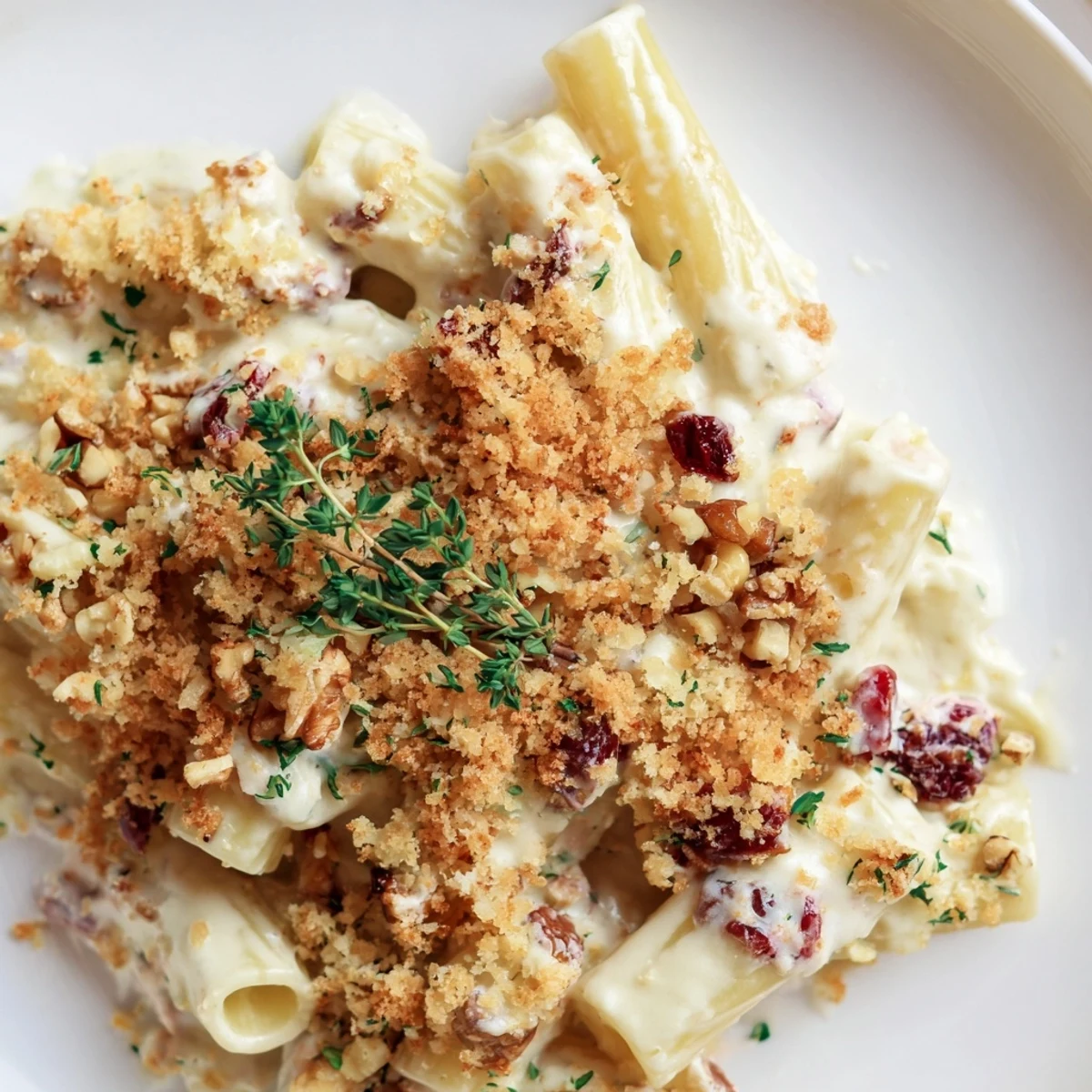 Creamy Cranberry and Brie Tartlet Pasta with a golden buttery crumb topping, a festive main course.