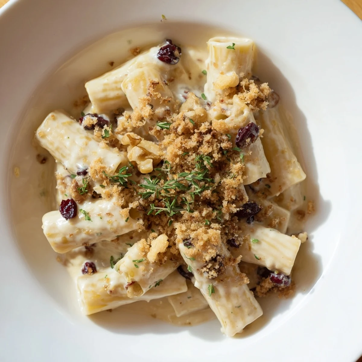 Close-up of the flavorful Cranberry and Brie Tartlet Pasta, showcasing melted cheese and cranberries.