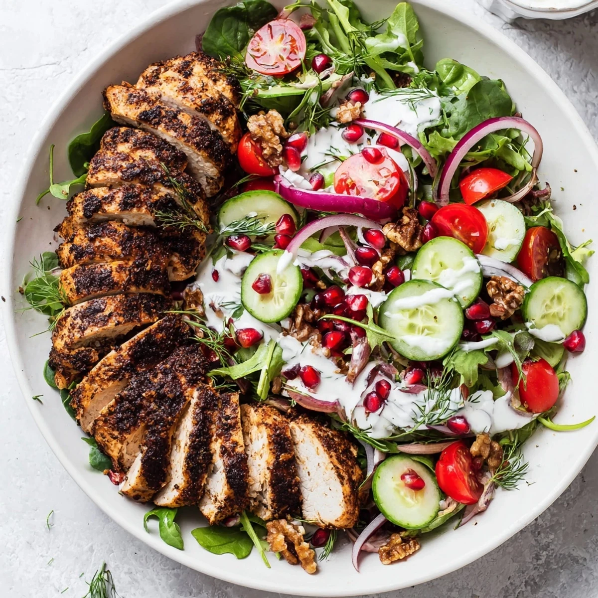 Holiday Black Pepper Chicken & Yogurt Salad with colorful vegetables and creamy dressing, perfect for dinner.