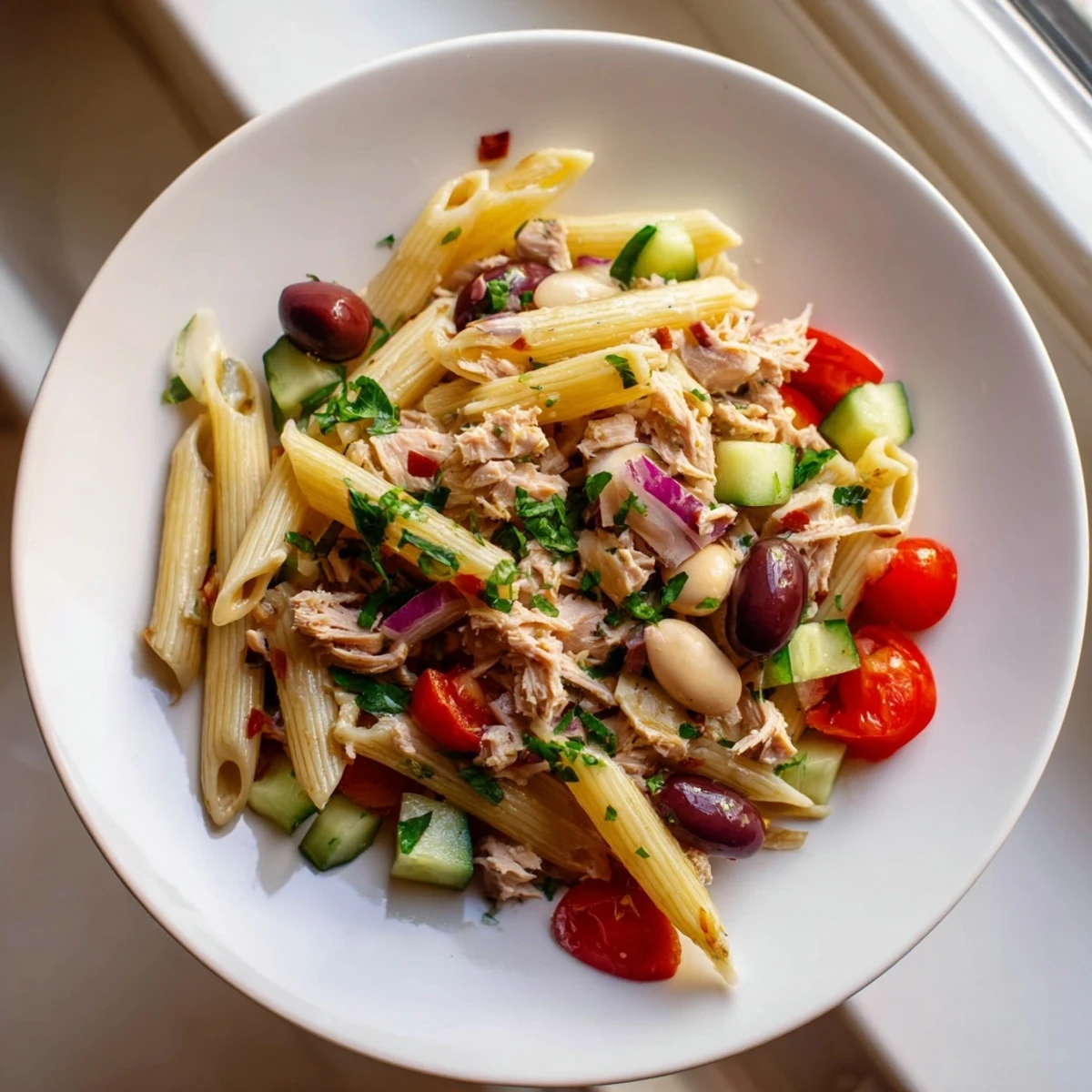 Flaky tuna and creamy beans mingle in this delicious Spicy Tuna and White Bean Pasta Salad.