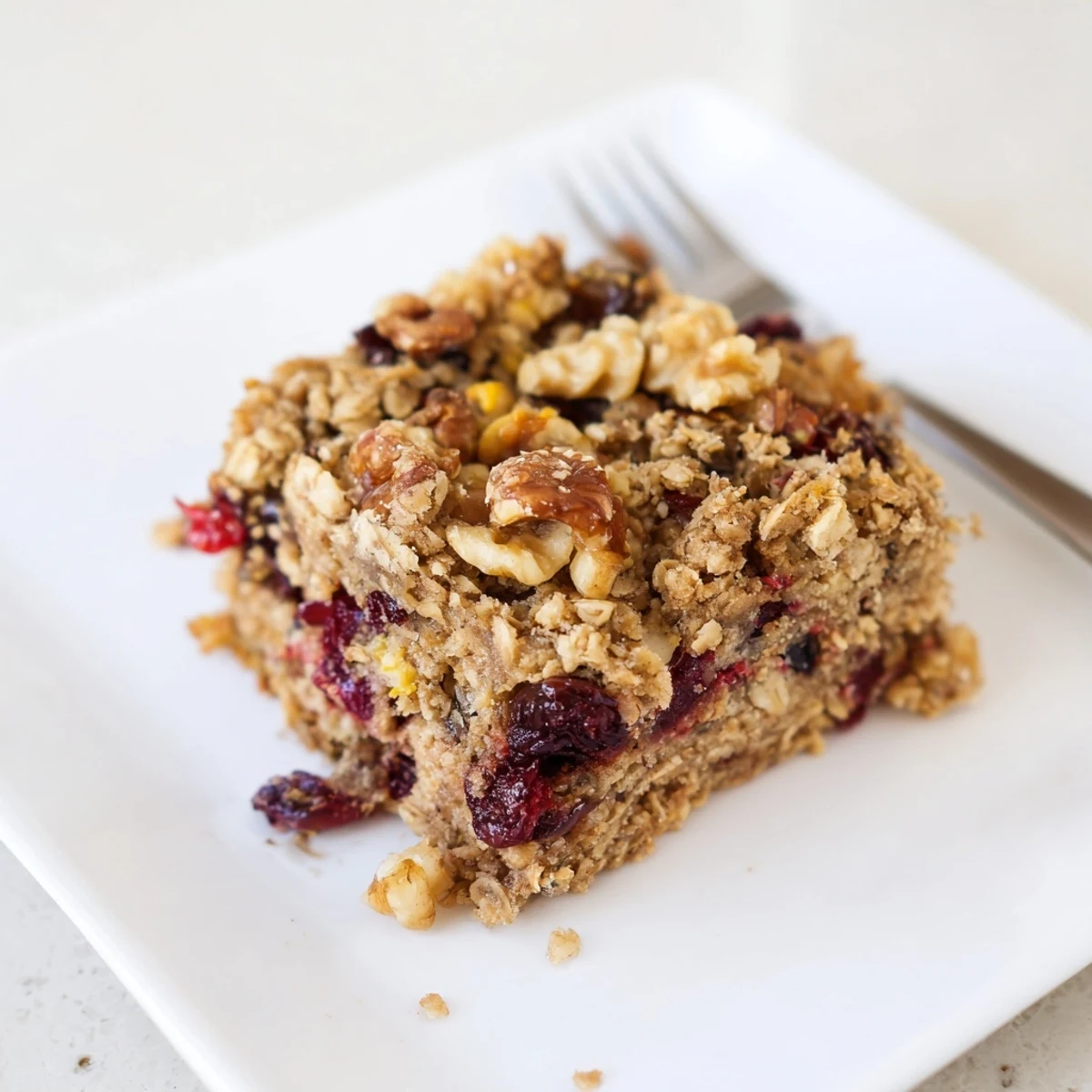 Golden, baked Matcha Cranberry Oat Crumble Breakfast Bars with a crumbly oat topping, ready to eat.