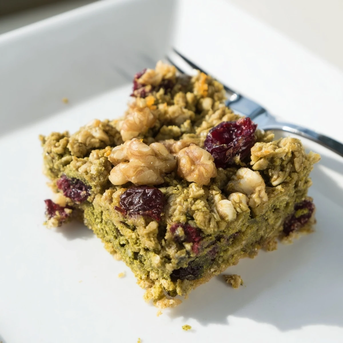 Warm, inviting picture of Matcha Cranberry Oat Crumble Breakfast Bars, ideal for a wholesome breakfast snack.