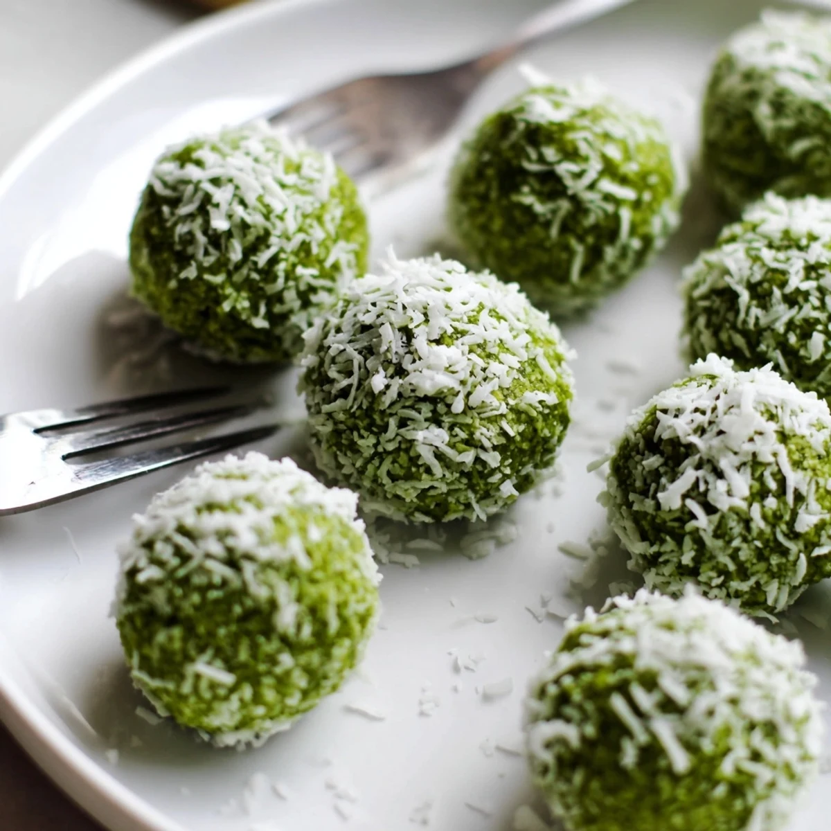 Vibrant photo of creamy Coconut Matcha Snowball Fat Bombs rolled in shredded coconut, ready to chill.