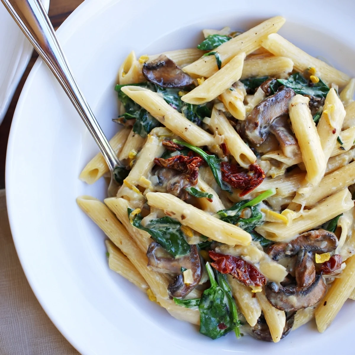 Golden mushrooms and vibrant tomatoes dance in this creamy sun-dried tomato mushroom penne skillet.
