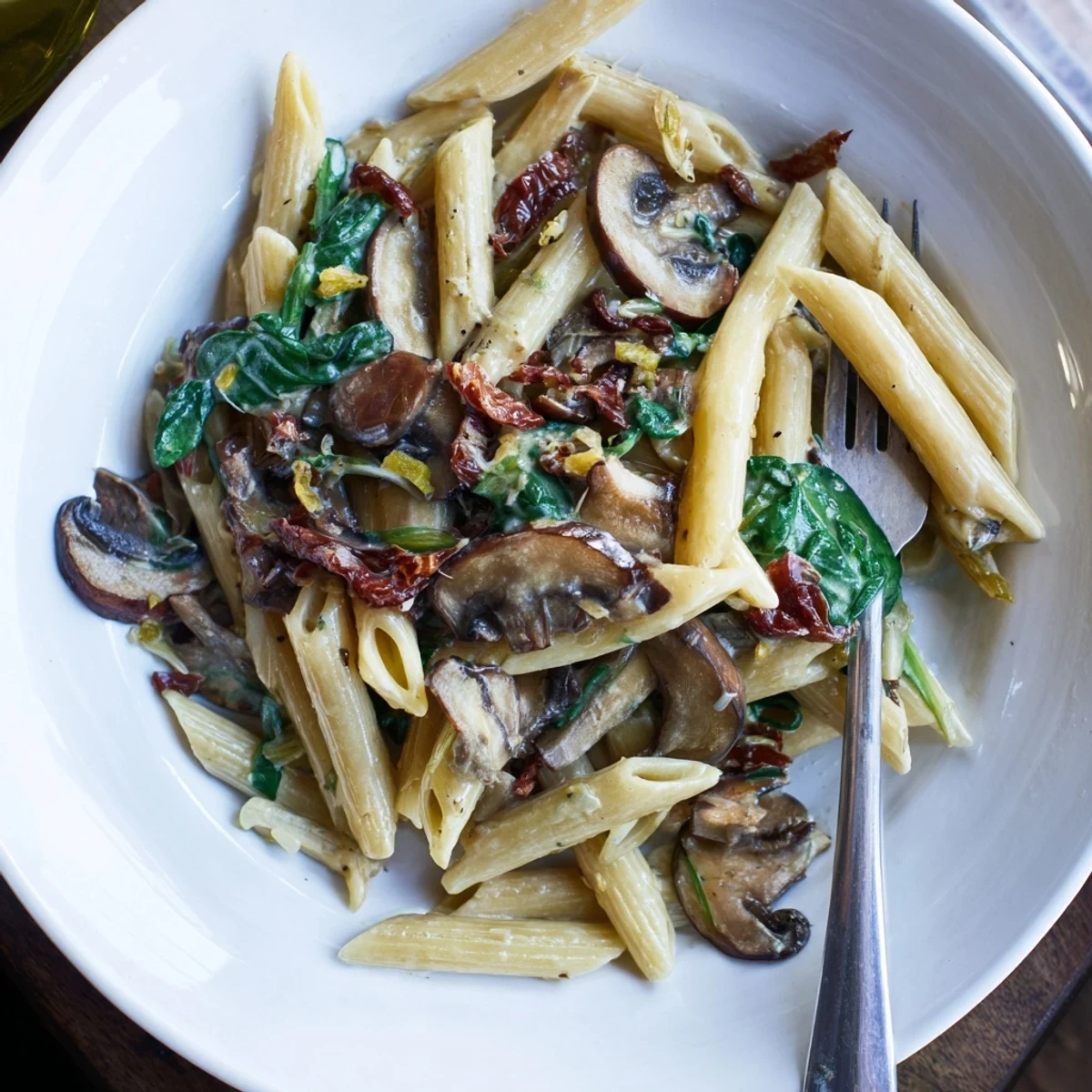 Enjoy this comforting, easy one-skillet creamy sun-dried tomato mushroom penne, with melted Parmesan.