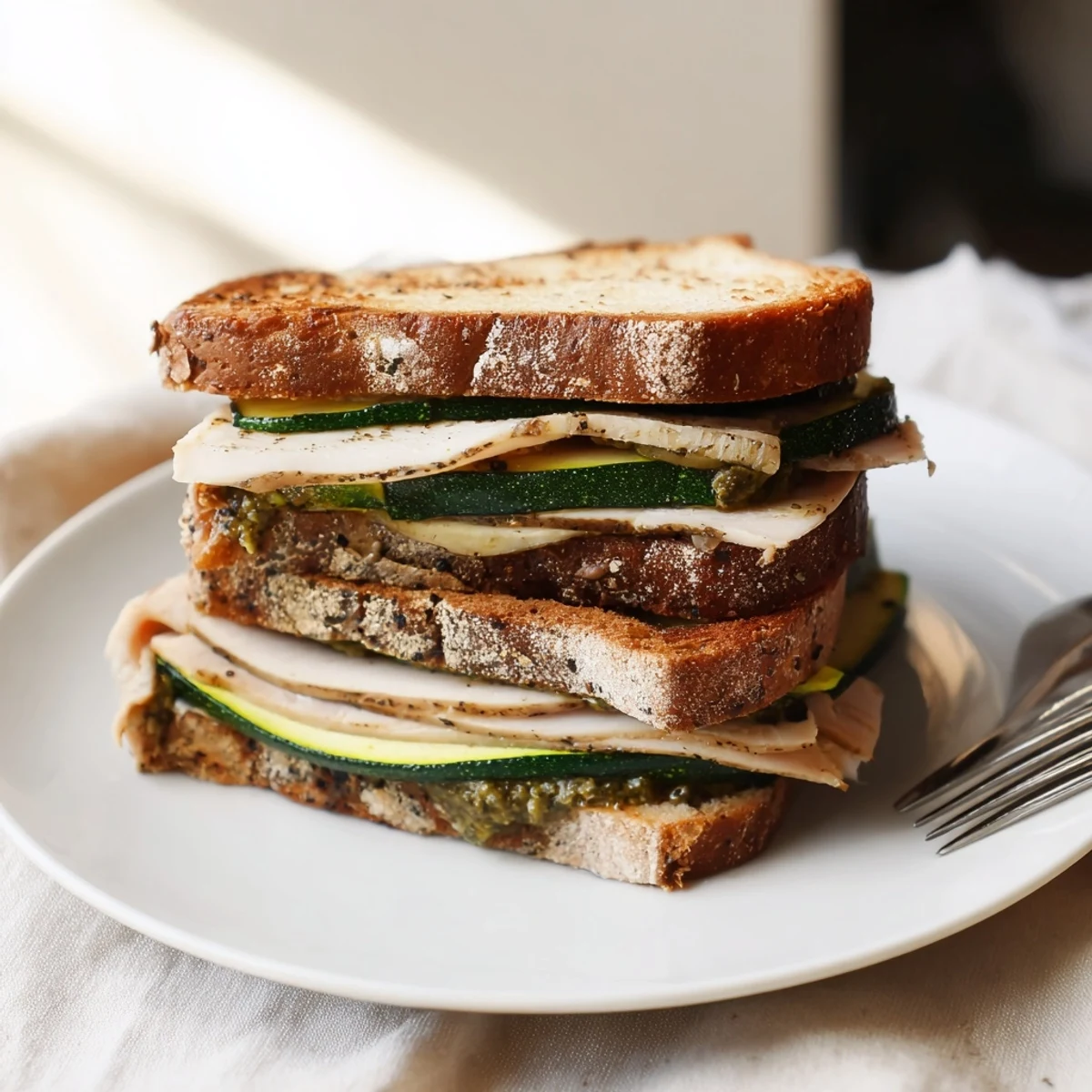 Golden, grilled Pesto Turkey Zucchini Grilled Cheese Stacks with melted cheese and toasted bread.
