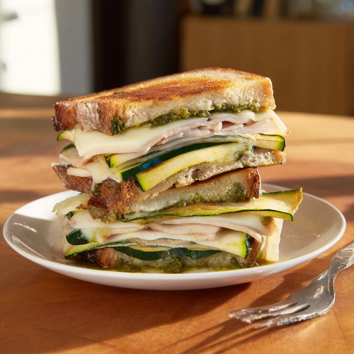 A close-up of a Pesto Turkey Zucchini Grilled Cheese Stack cut open, oozing with cheese.