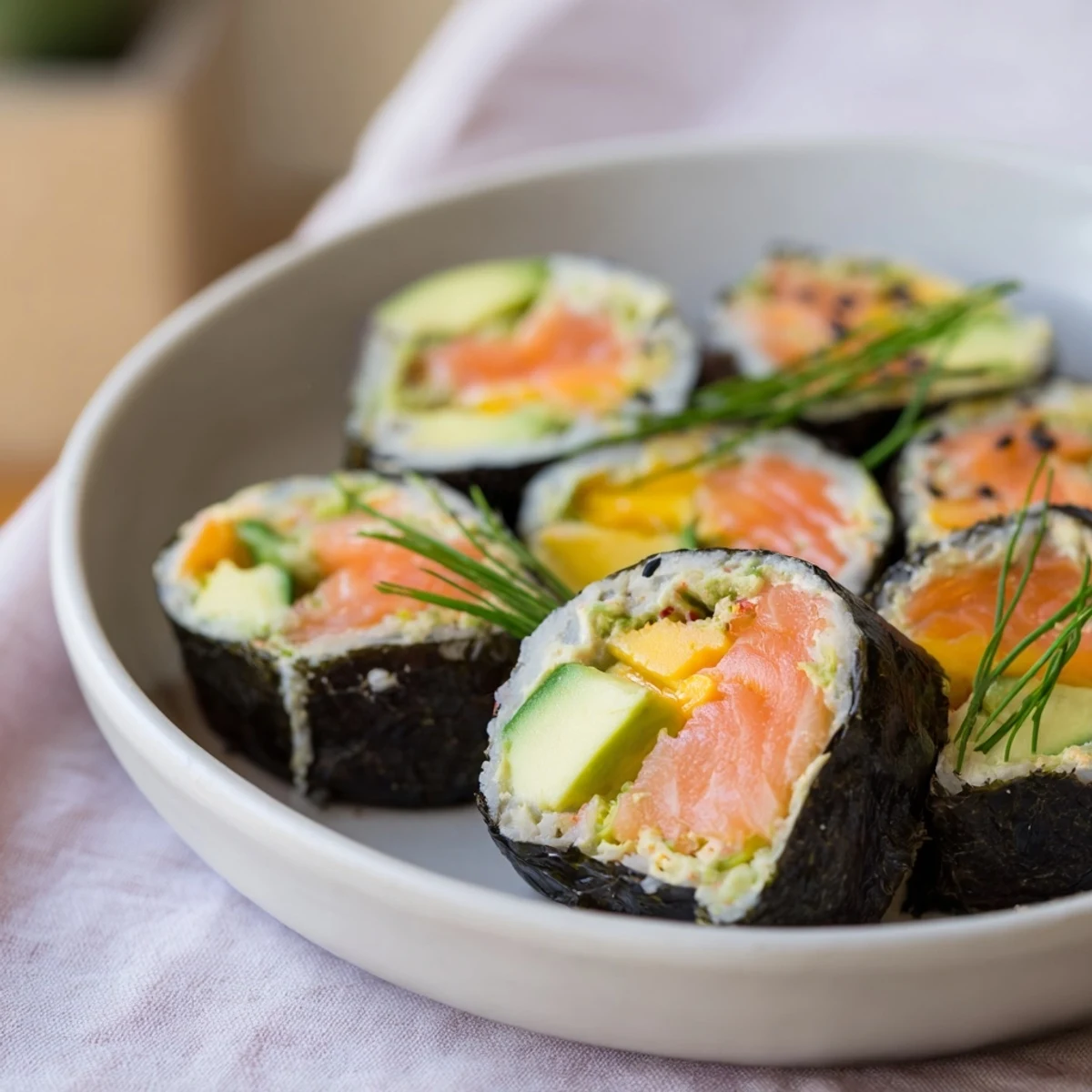 A close-up of a High-Protein Sushi Wrap Smoked Salmon Holiday Roll, ready to be sliced and served.