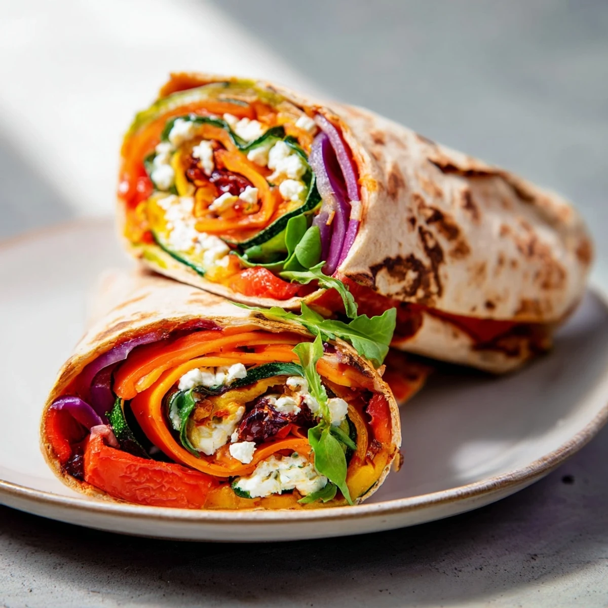 Vibrant spiral wrap with roasted veggies and feta, ready to taste.