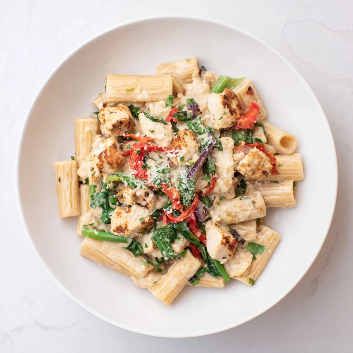 A close-up of the flavorful Creamy Cajun Dirty Snow Chicken Pasta, ready to be served and enjoyed.