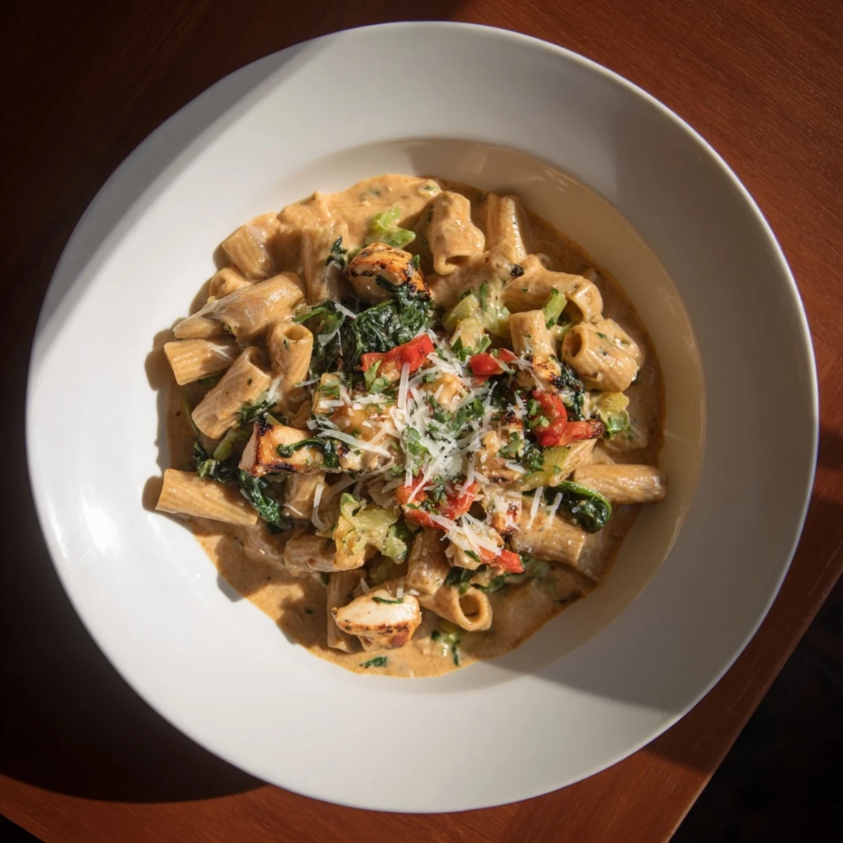 Creamy Cajun Dirty Snow Chicken Pasta, steaming hot, filled with bell peppers and tender chicken pieces.