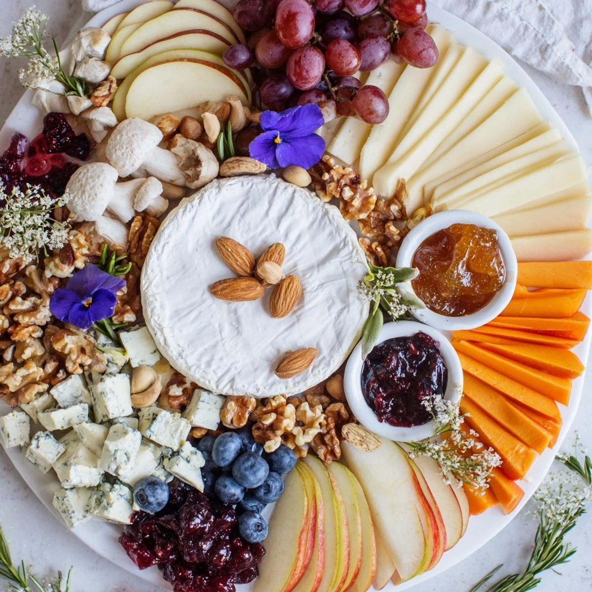 Woodland Creature Cheese Platter with brie, cheddar and grapes, ready to be enjoyed with crackers.